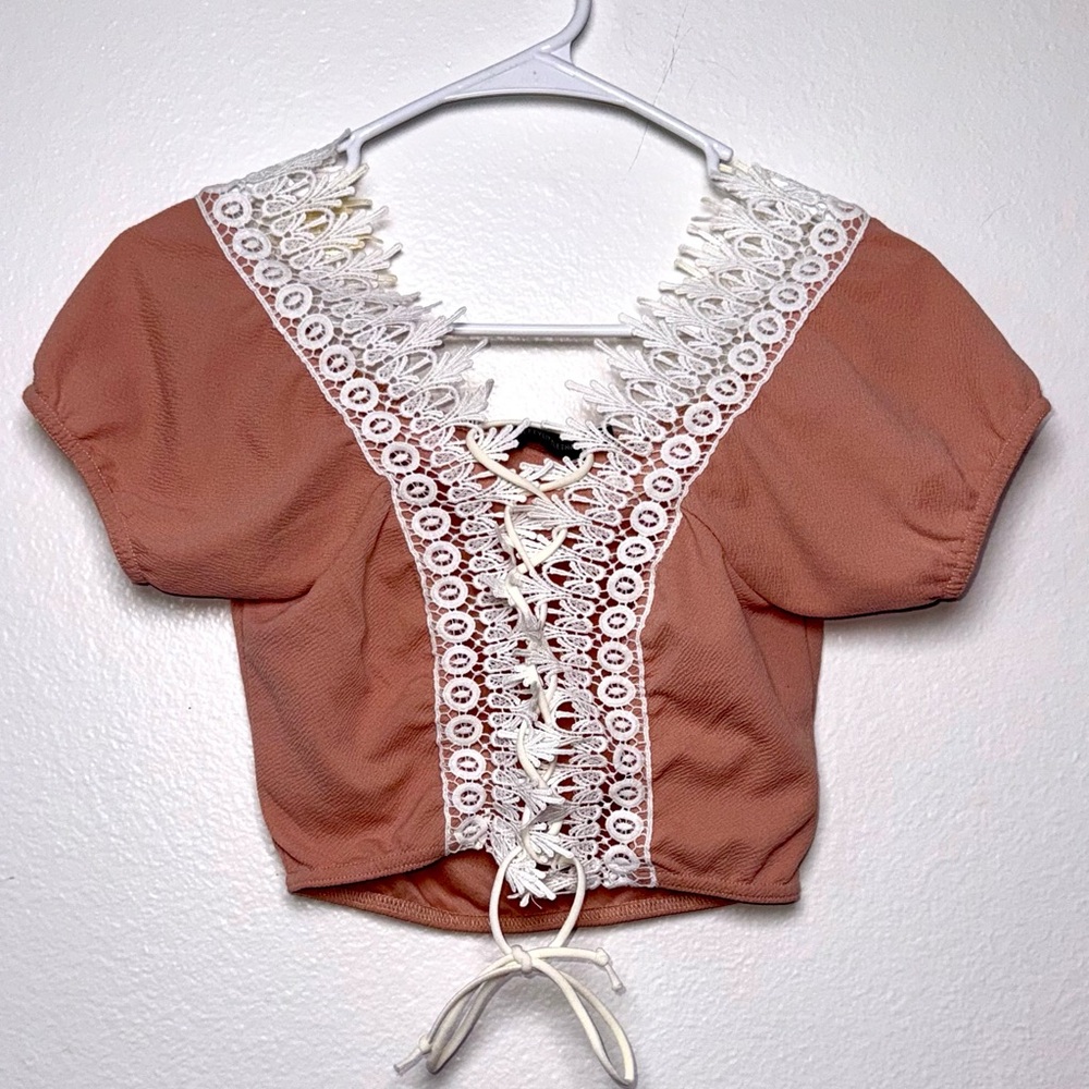 PrettyLittleThing Terracotta Lace Crop Top